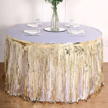 Create a Dazzling Atmosphere with the Champagne Metallic Foil Fringe Table Skirt