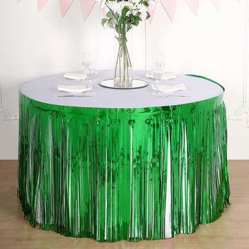 Enhance Your Table Decor with our Green Metallic Foil Fringe Table Skirt