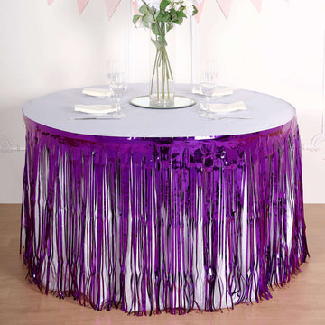 Make a Bold Statement with our Purple Metallic Foil Fringe Table Skirt