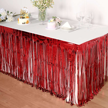 Add a Touch of Glamour with the Red Metallic Foil Fringe Table Skirt