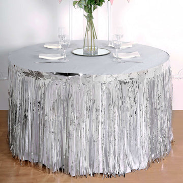 Elevate Your Event Decor with the Silver Metallic Foil Fringe Table Skirt