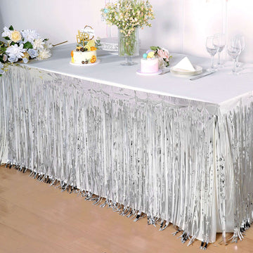 Add a Touch of Glamour with the Silver Metallic Foil Fringe Table Skirt