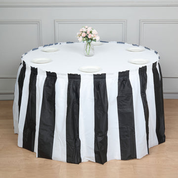 Elegant White and Black Stripe Plastic Table Skirt