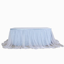 14 Feet Two Layered Table Skirt With Dusty Blue 30 Inch Satin And White Tulle 48 Inch Extra Length