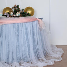 14 Feet Table Skirt In Two Layers 48 Inch Extra Long White Tulle With Dusty Blue 30 Inch Satin Lining 