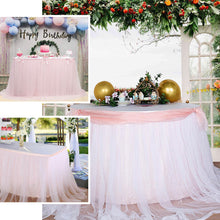 14 Feet Table Skirt With Layer Of Extra Long 48 Inch White Tulle And Blush Rose Gold 30 Inch Satin Lining 