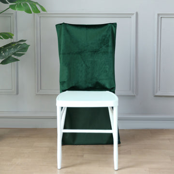 Create a Stunning Event Setting with the Solid Back Hunter Emerald Green Velvet Chair Cover Cap