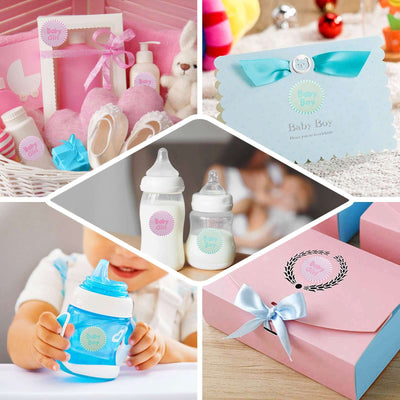 Baby shower gift ideas with bottles, cards, and accessories for baby boy and girl.