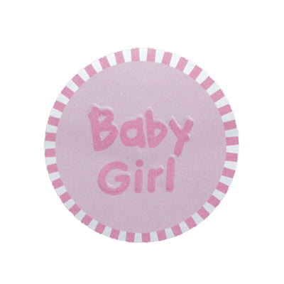 Pink "Baby Girl" round sticker with striped border.
