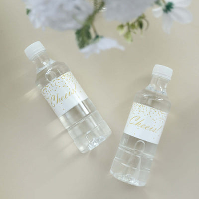 Two bottles of water with decorative labels saying "Cheers!"