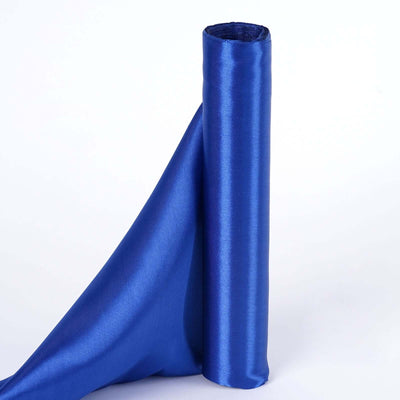 Blue satin fabric roll with draped edge on a white background.