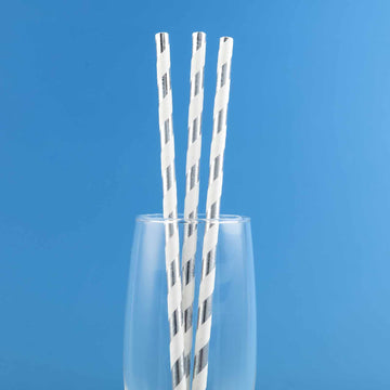 Add a Touch of Elegance with White/Silver Striped Disposable Paper Straws