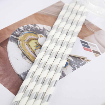 Enhance Your Event Decor with White/Silver Striped Disposable Paper Straws