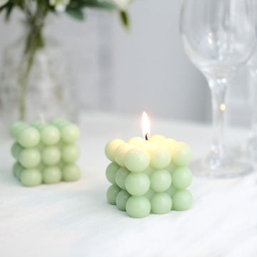 2 Pack Sage Green Bubble Cube Decorative Paraffin Wax Candle Set, Unscented Long Burning Pillar Candle Gift 2"