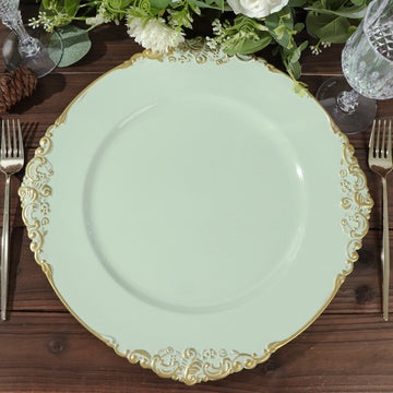 6 Pack | 13" Sage Green Gold Embossed Baroque Round Charger Plates With Antique Design Rim