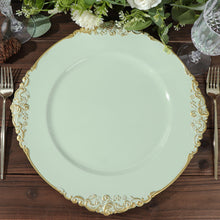 6 Sage Green Round Charger Plates With Antique Design Rim And Gold Embossing 13 Inch