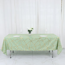 60 Inch x 102 Inch Sage Green Rectangle Polyester Tablecloth with Gold Foil Geometric Pattern