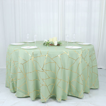 120" Sage Green Seamless Round Polyester Tablecloth With Gold Foil Geometric Pattern