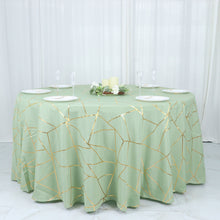 120 Inch Sage Green Round Polyester Tablecloth with Gold Foil Geometric Pattern