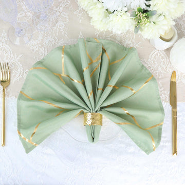 5 Pack | Sage Green With Geometric Gold Foil Cloth Polyester Dinner Napkins | 20"x20"