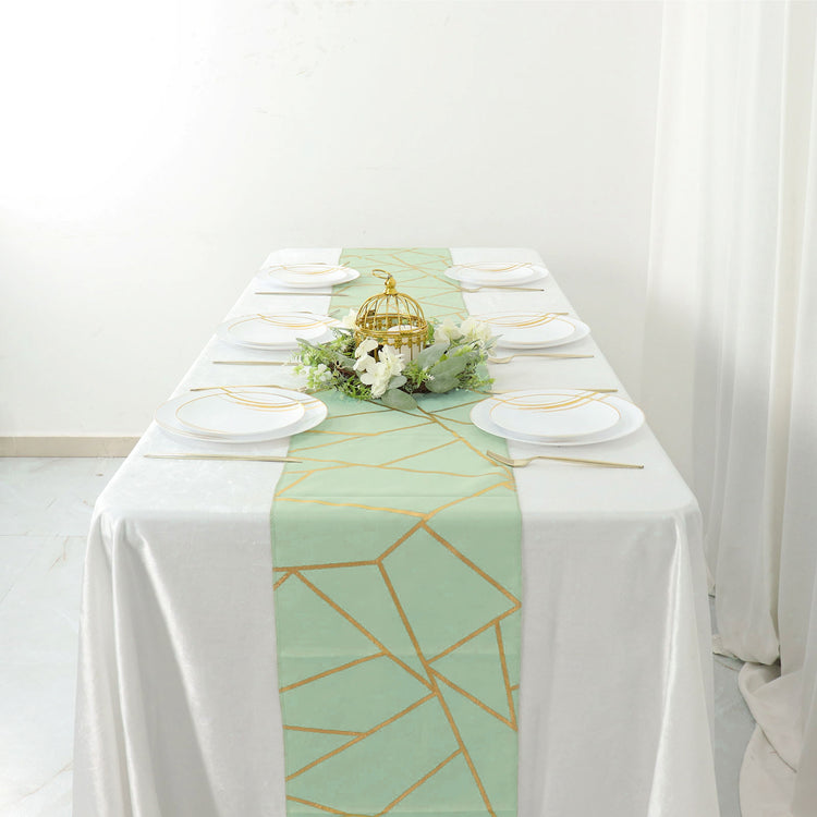 9 Feet Sage Green Table Runner With Gold Foil Geometric Pattern