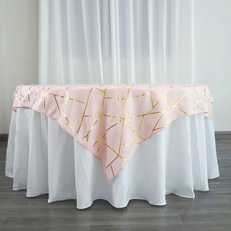 54 Inch x 54 Inch Square Table Overlay In Blush Rose Gold With Gold Foil Geometric Pattern