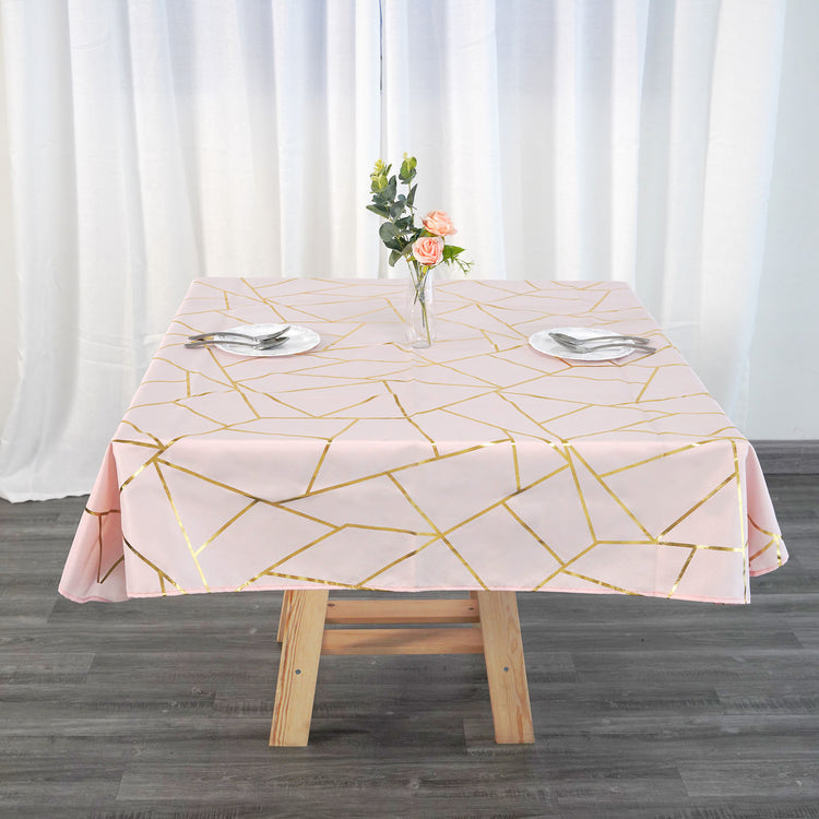 Blush Rose Gold Polyester Square Tablecloth With Gold Foil Geometric Pattern 54 Inch x 54 Inch 