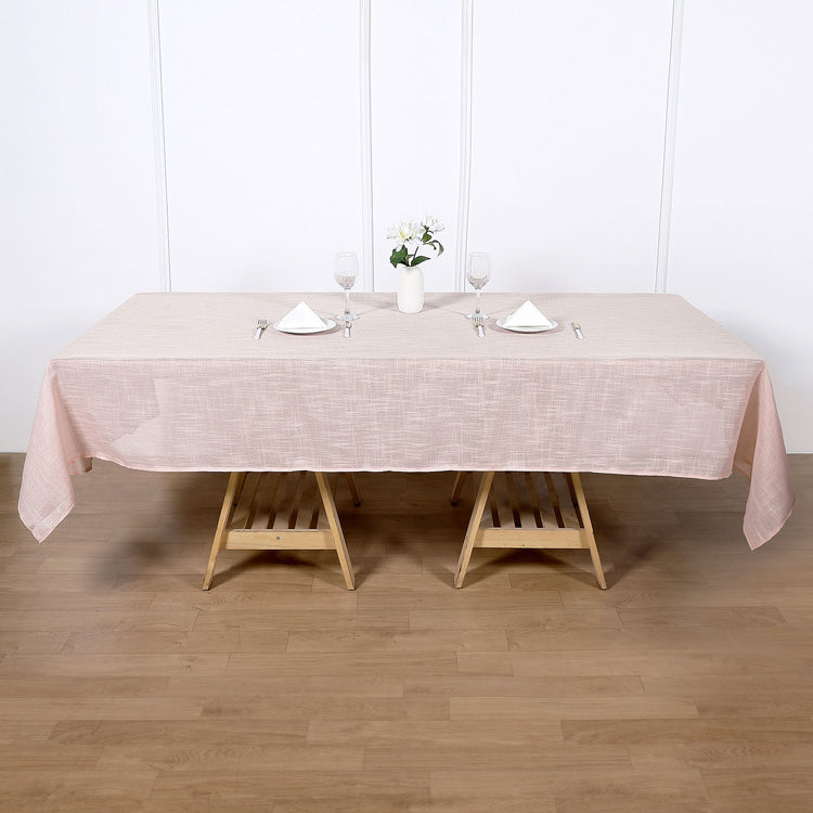 60 Inch x 102 Inch Blush & Rose Gold Linen Slubby Textured Rectangle Wrinkle Resistant Tablecloth