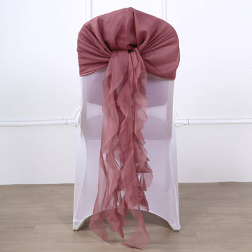 1 Set Mauve / Cinnamon Rose Chiffon Hoods With Ruffles Willow Chair Sashes