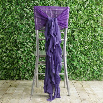 Elegant Purple Chiffon Hoods with Ruffles for Exquisite Chair Decor
