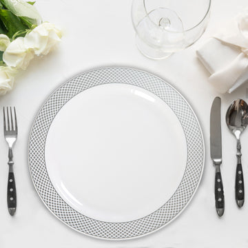 Set of 10 White Round Plastic Dessert Plates, Disposable Salad Plates With Silver Diamond Rim 8"