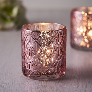 6 Pack 3" Shiny Rose Gold Mercury Glass Candle Holders, Votive Tealight Holders - Geometric Design