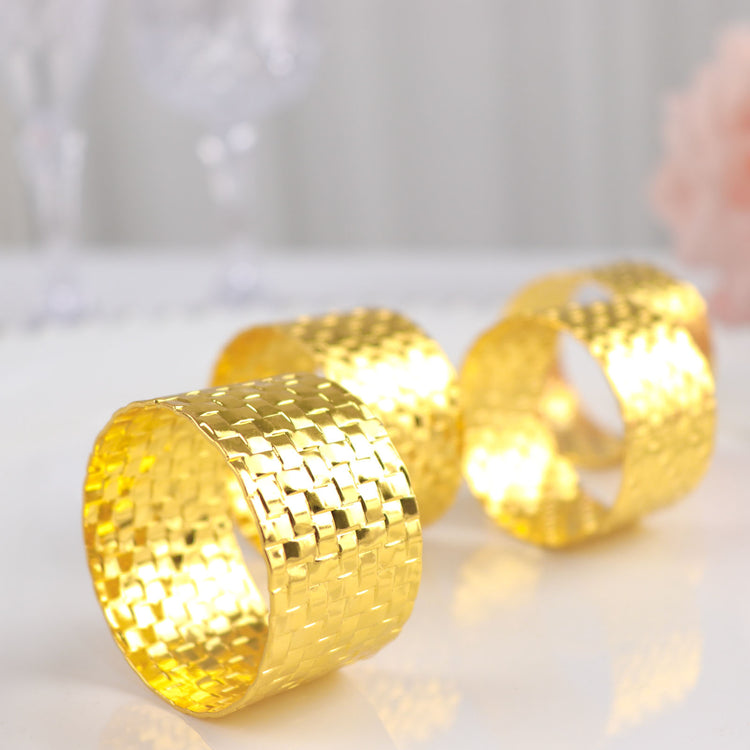 4 Pack Shiny Gold Metal Napkin Rings with Basket Weave Design