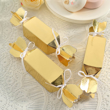 25 Pack Shiny Gold Candy Shape W/Satin Ribbon Party Favor Gift Boxes