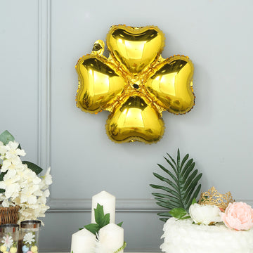 10 Pack Shiny Gold Four Leaf Clover Shaped Mylar Foil Balloons 15"