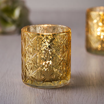 6 Pack Shiny Gold Mercury Glass Candle Holders, Votive Tealight Holders - Geometric Design 3"