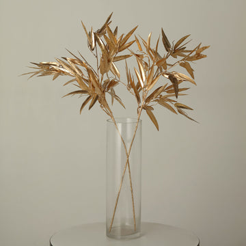 2 Pack | 33" Shiny Metallic Gold Faux Plant Arrangement Floral Stems, Artificial Bamboo Leaf Branches