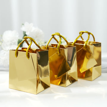12 Pack | 5" Shiny Metallic Gold Foil Paper Gift Bags With Handles, Small Party Favor Goodie Bags