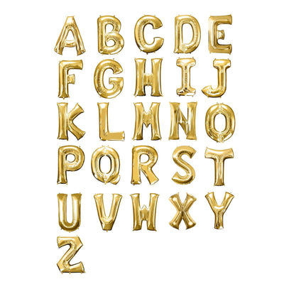 Gold foil alphabet balloons in uppercase letters arranged on a white background.
