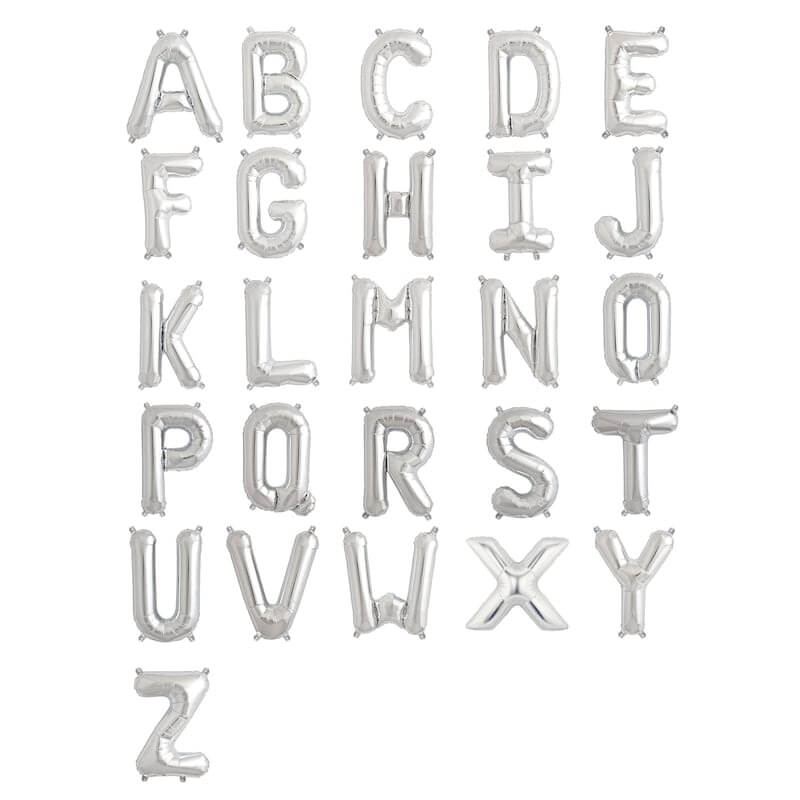 Silver balloon letters A to Z on a plain background