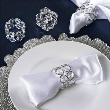 4 Pack | Shiny Silver Acrylic Crystal Gem Beaded Napkin Rings