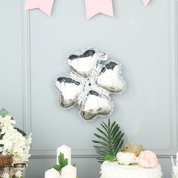 10 Pack | 15" Shiny Silver Four Leaf Clover Shaped Mylar Foil Balloons