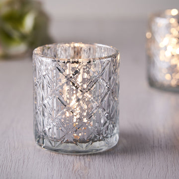 6 Pack Shiny Silver Mercury Glass Candle Holders, Votive Tealight Holders - Geometric Design 3"