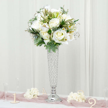 2 Pack | Silver 28” Tall Crystal Beaded Trumpet Vase Set, Table Centerpiece