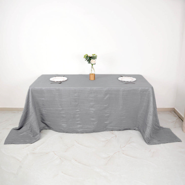 90 Inch x 132 Inch Silver Accordion Crinkle Taffeta Fabric Rectangular Tablecloth
