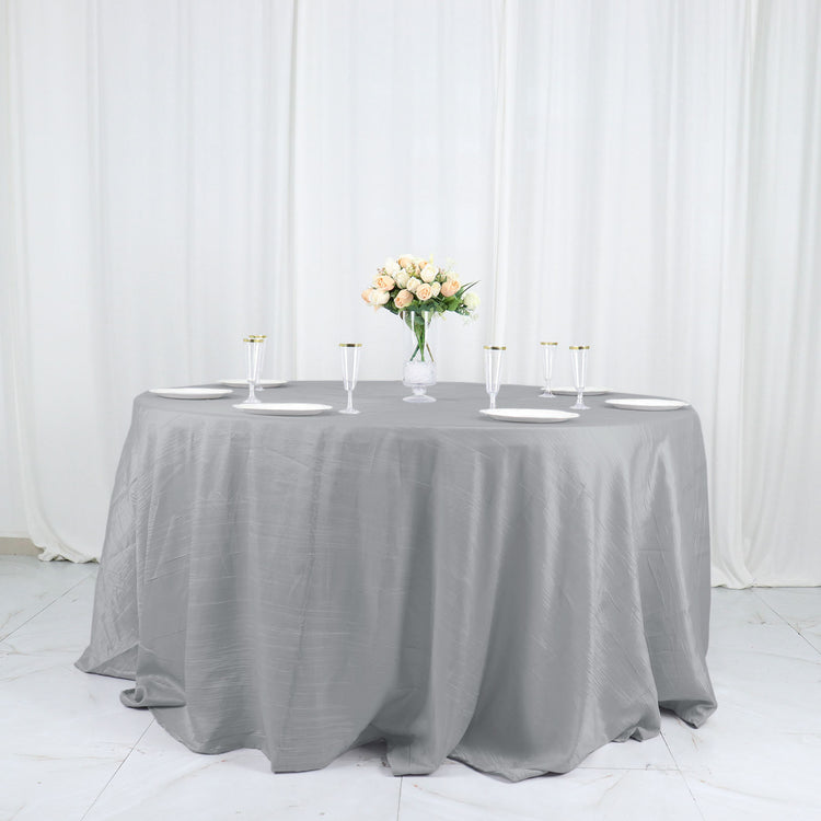 Silver Accordion Crinkle Taffeta Seamless Round Tablecloth 132 Inch