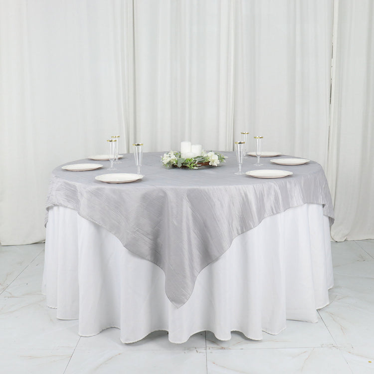 Silver Accordion Crinkle Taffeta Square Table Overlay 72 Inch x 72 Inch
