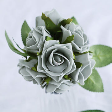 24 Roses | 2" Silver Artificial Foam Flowers With Stem Wire and Leaves
