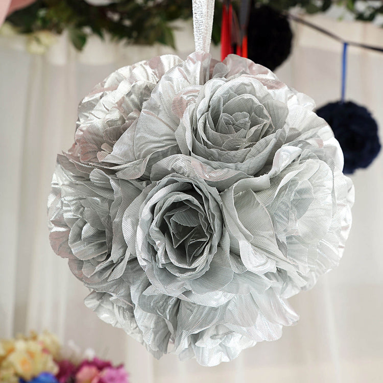 Silver Artificial Silk Rose Flower Ball 2 Pack 7 Inch