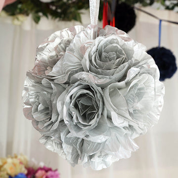 2 Pack Silver Artificial Silk Rose Kissing Ball, Faux Flower Ball 7"